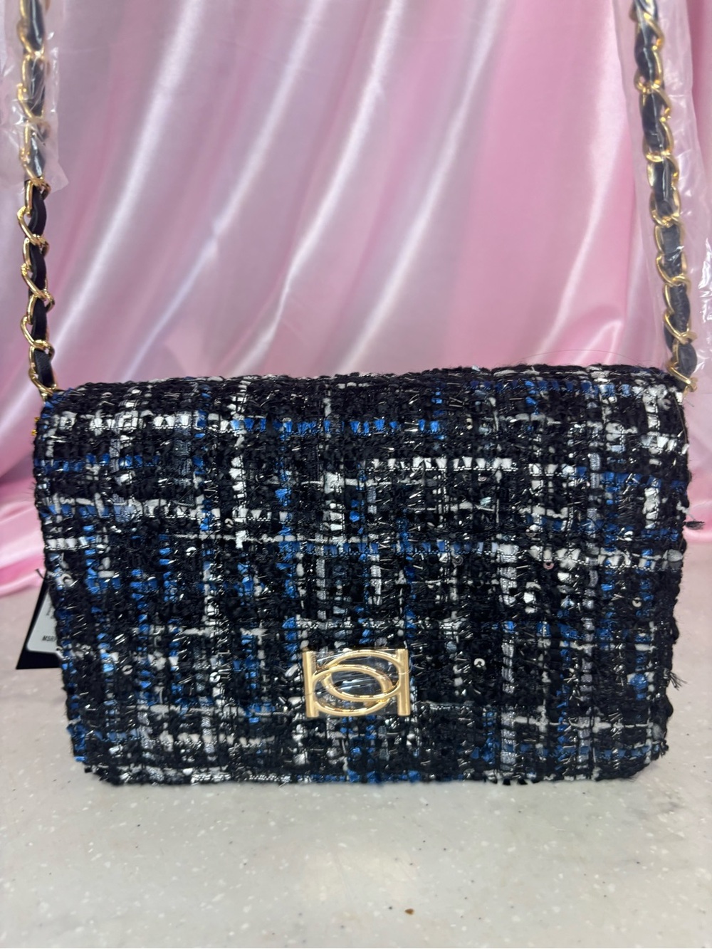 bebe Black, Blue & White Tweed Chain Crossbody Bag